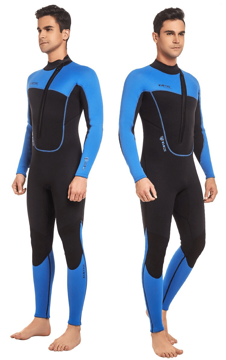Men wearing 3MM neoprene front zipper wetsuit, one-piece thermal diving suit SF0925 in stylish blue and black design.